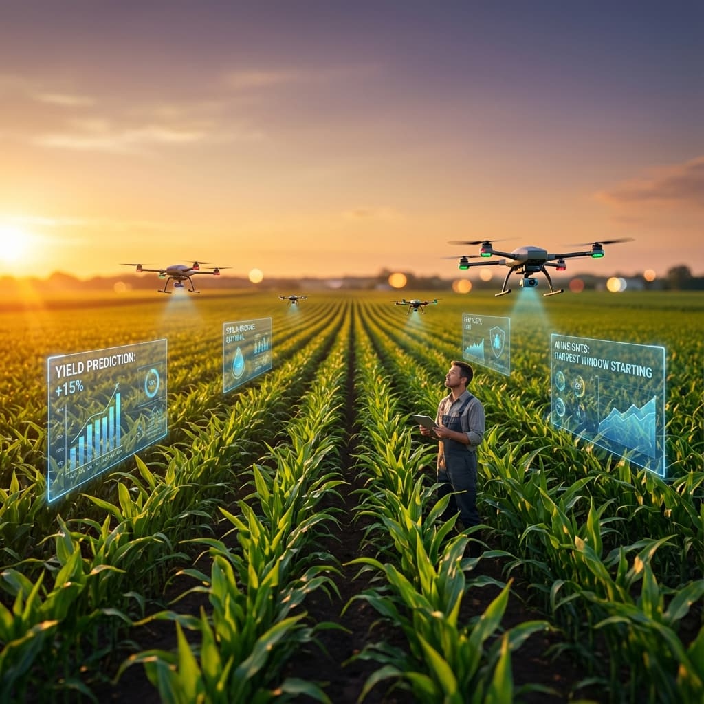 AI-powered agriculture with holographic data interfaces over modern farm fields