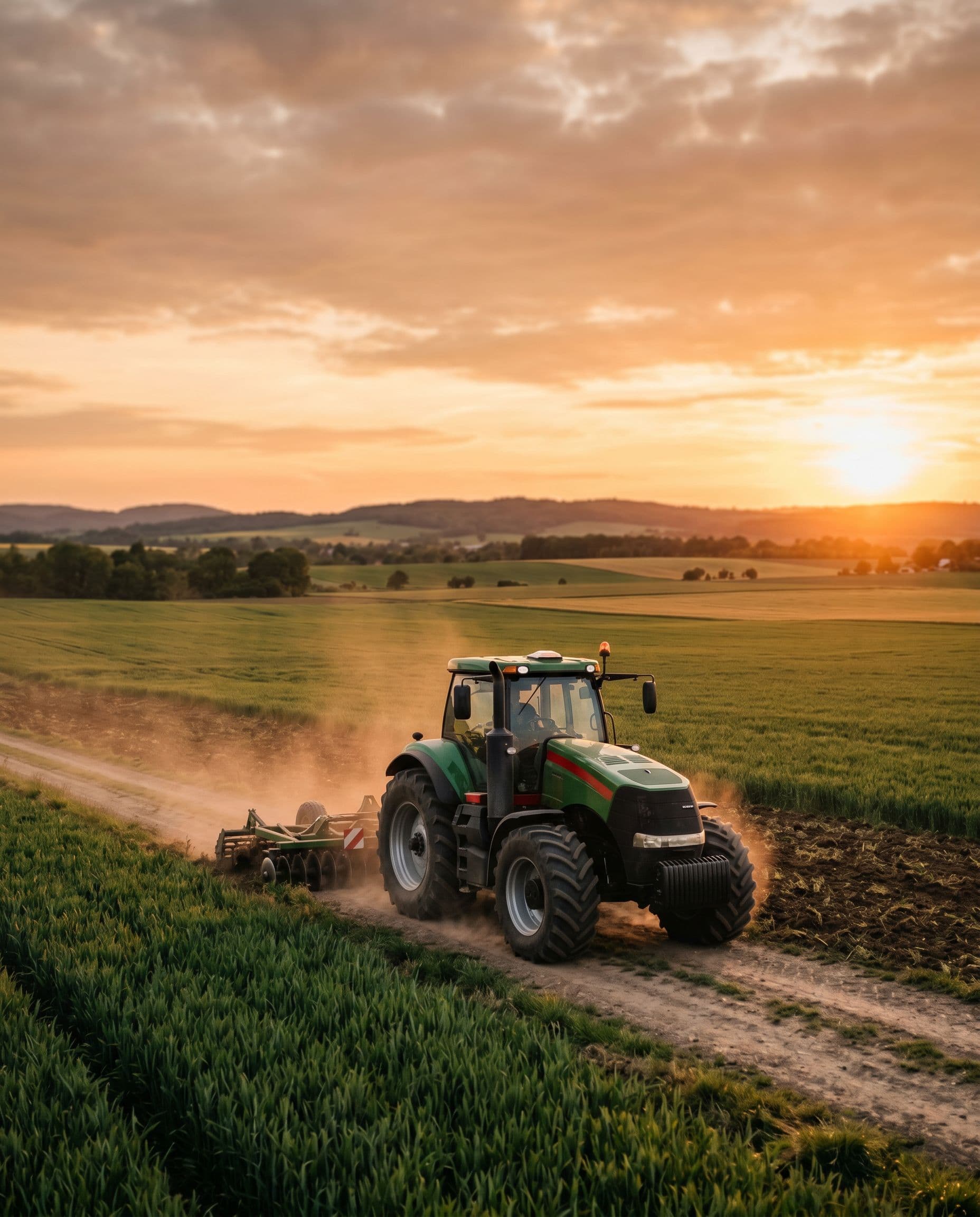 A modern agricultural tractor working a farmland field at golden hour